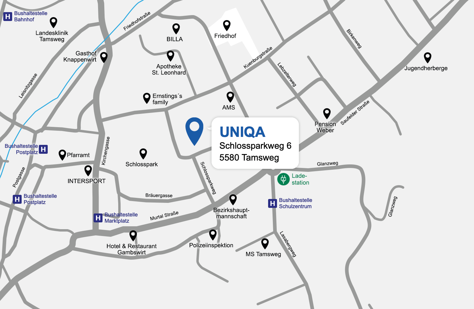 Eine detaillierte gezeichnete Karte der UNIQA Generalagentur KMK - König Macheiner Partner
